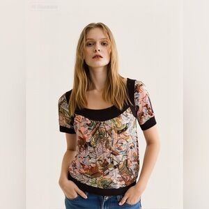 Y2K Daytrip Burnout Knit Babydoll Top Keyhole Back Abstract Print Brown S